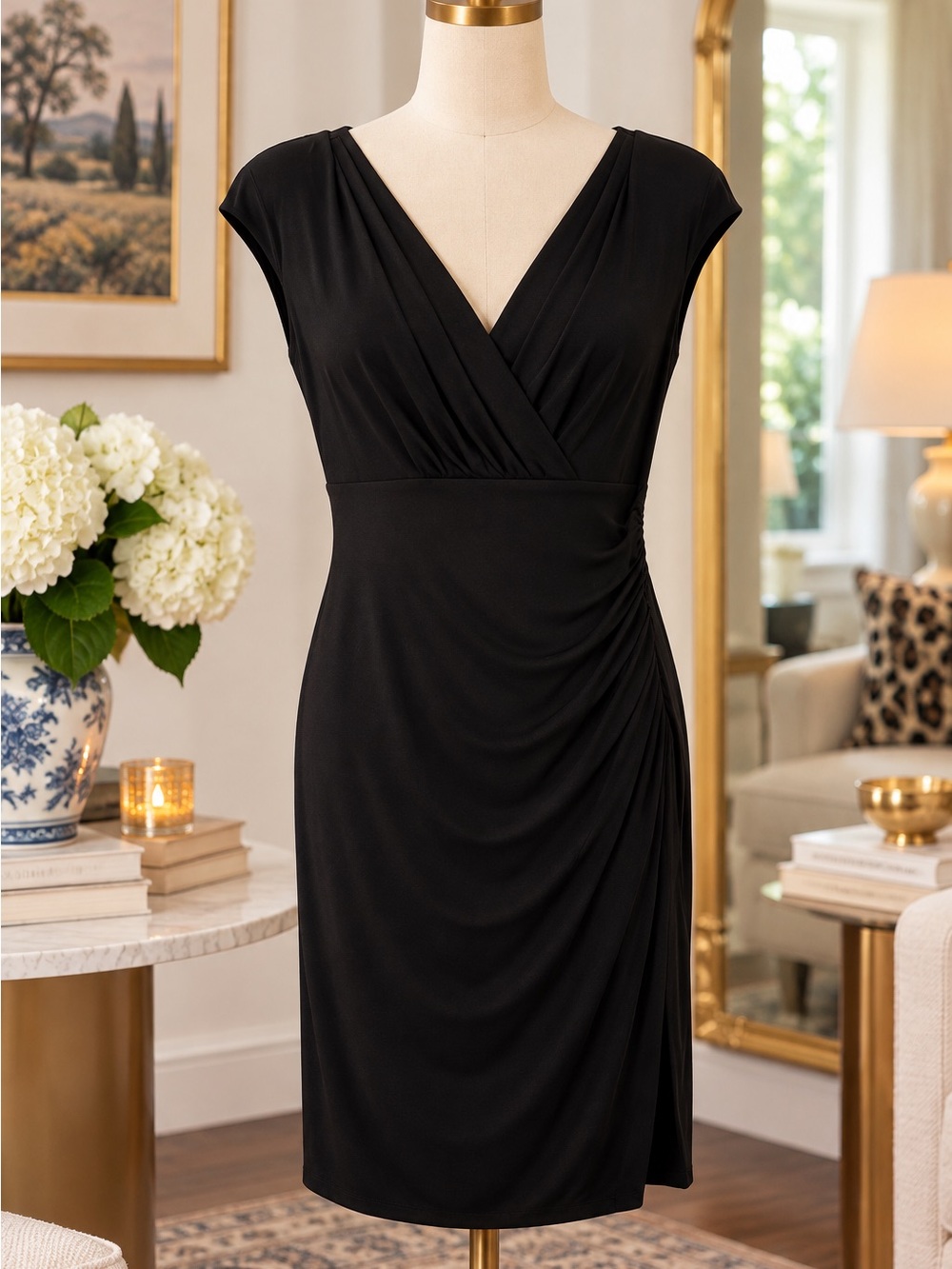 Ralph Lauren Black Faux-Wrap Midi Dress